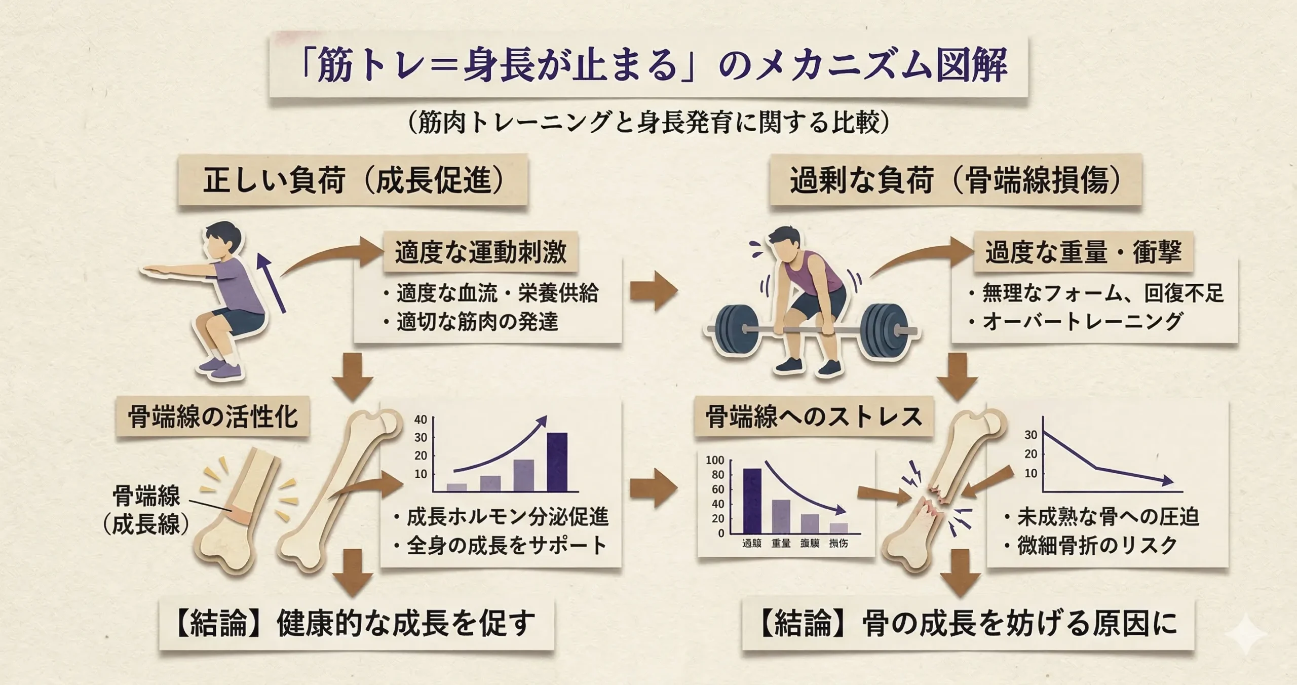 「筋トレ＝身長が止まる」のメカニズム図解。「正しい負荷（成長促進）」vs「過剰な負荷（骨端線損傷）」