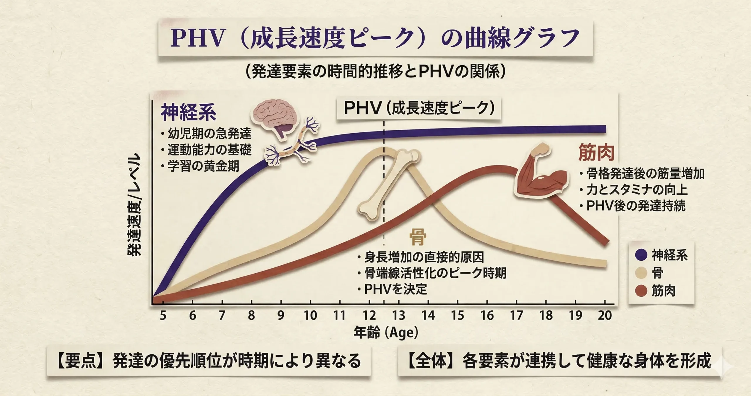 PHV（成長速度ピーク）の曲線グラフ。どの時期に「神経系」「骨」「筋肉」が発達するか。

