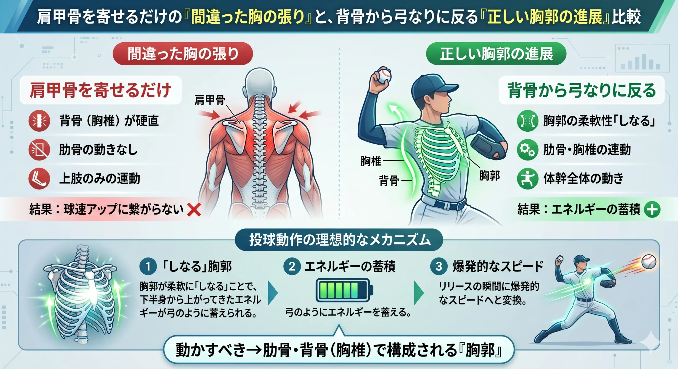 肩甲骨を寄せるのではなく「胸郭（きょうかく）」を動かす
