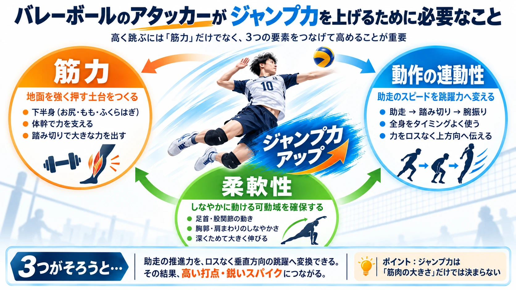 バレーボールのアタッカーがジャンプ力を上げるために不可欠な要素である「筋力」「動作の連動性」「柔軟性」の3つの相互関係を、視覚的にわかりやすく伝えるための図解